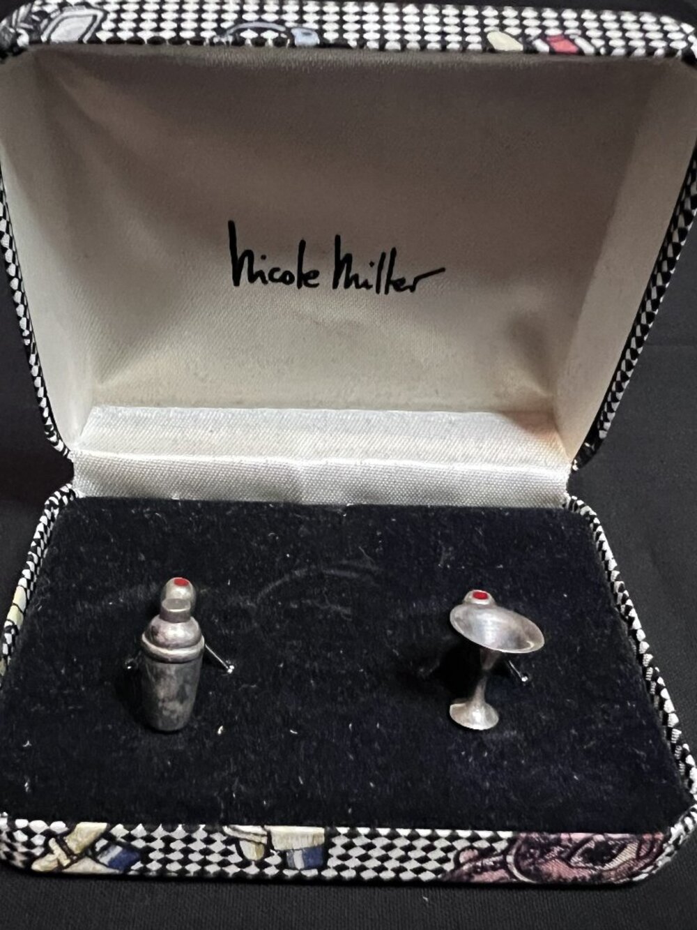 Vintage Nicole Miller Cocktail Themed Sterling Silver Cufflinks.